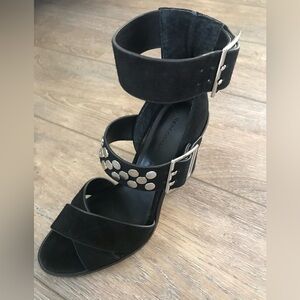 Rebecca Minkoff Black Suede Strappy Heels with Silver Accents